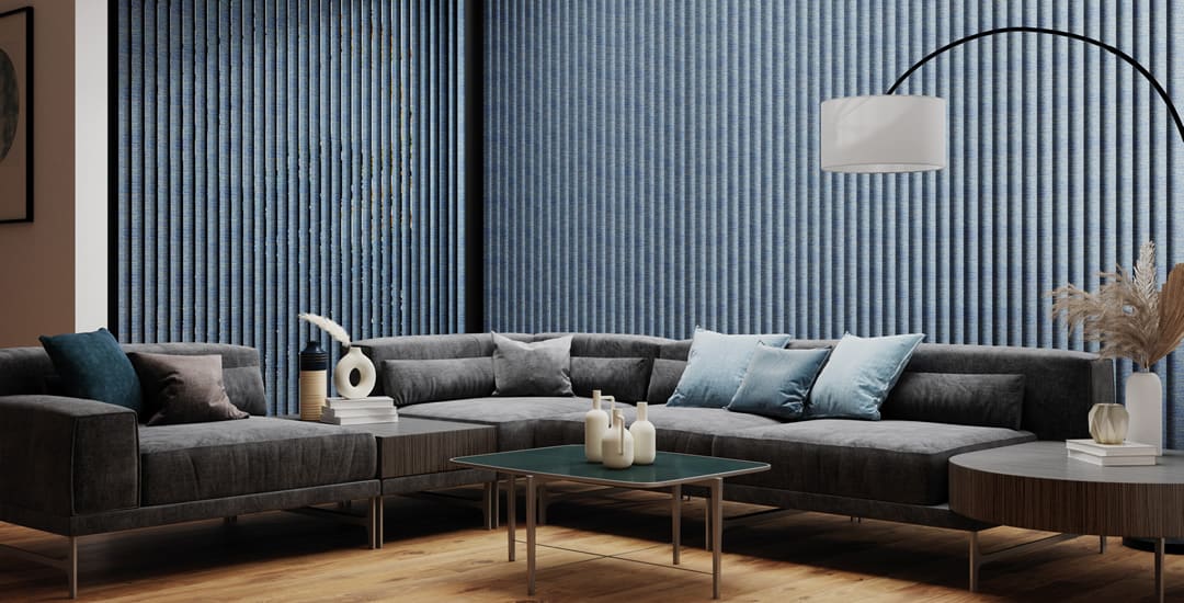 Blue textured vertical blinds in contemporary living space