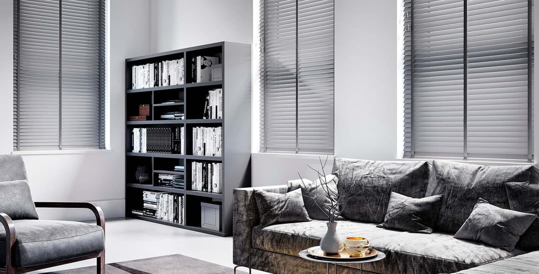 Grey wooden blinds with tapes