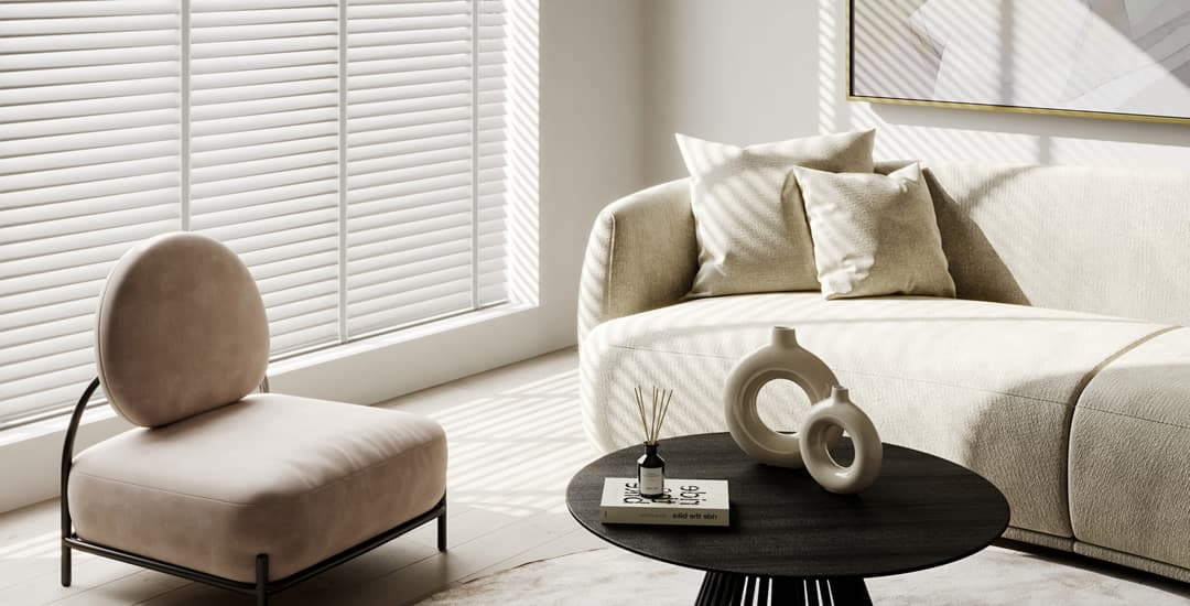 Luxury cream wooden venetian blinds in contemporary cream living room