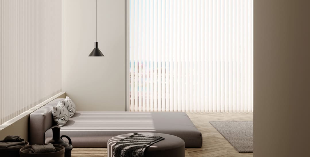 White vertical blinds in modern bedroom 
