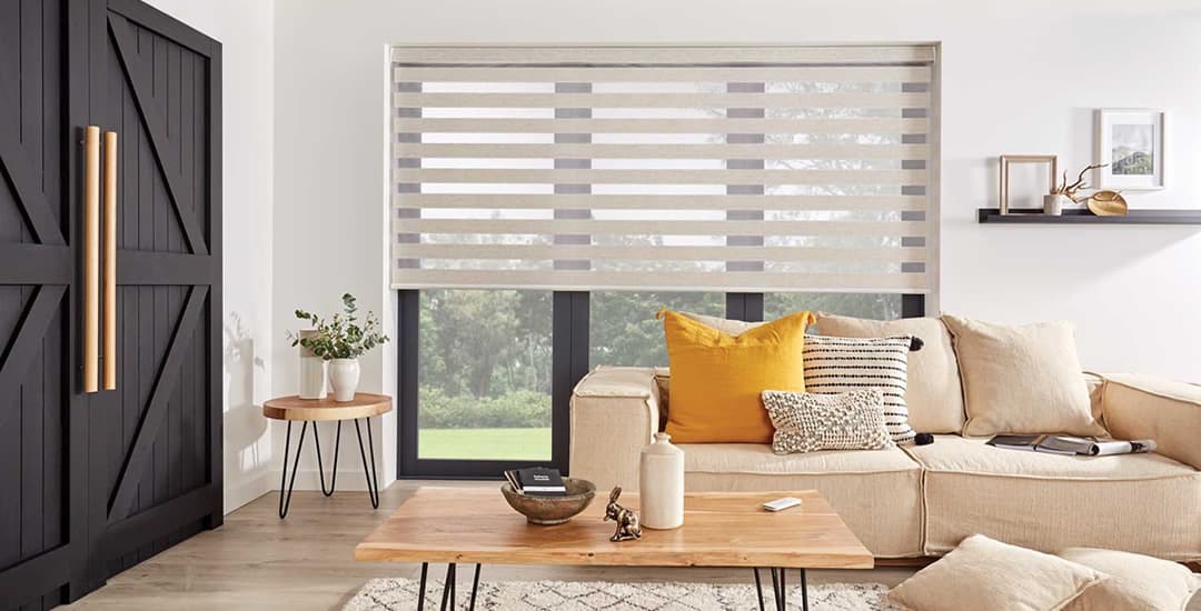 Beige day and night blinds in modern living room