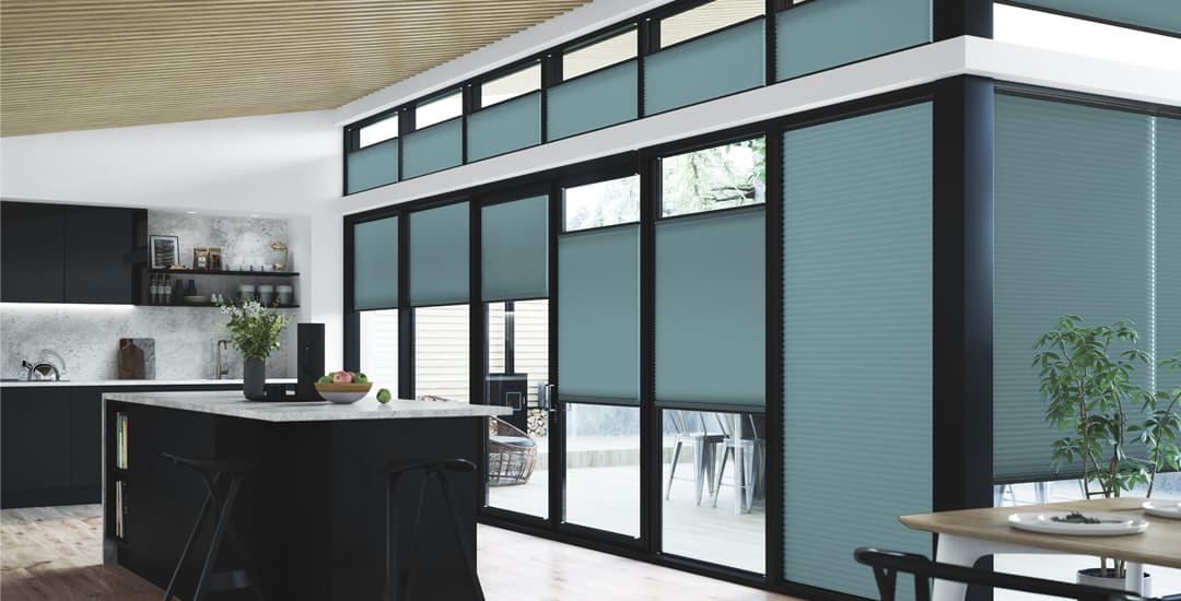 Blue cellular perfect fit blinds in modern kitchen