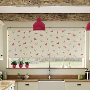 Farmhouse style kitchen with cream roller blinds