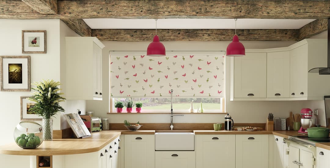 Farmhouse style kitchen with cream roller blinds