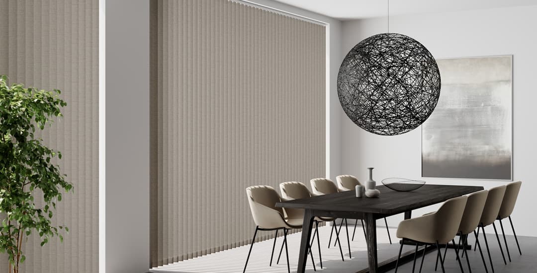 Luxury brown textured vertical blinds in contemporary dining room