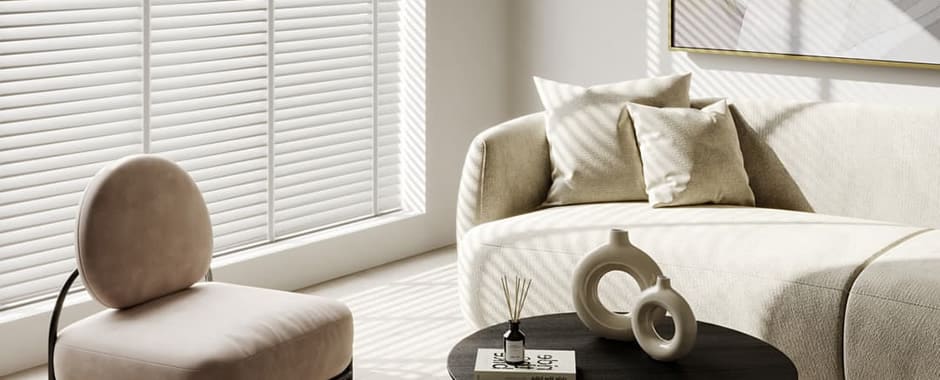 Luxury cream wooden venetian blinds in contemporary living room