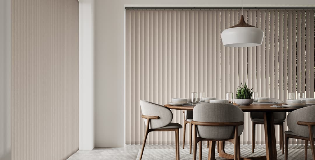Pale brown vertical blinds in dining room