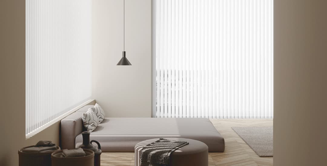 White vertical blinds in contemporary minimalist bedroom
