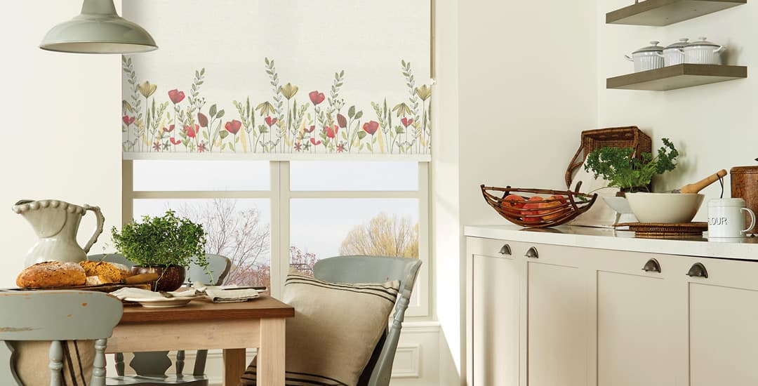 Wildflowers patterned roller blinds in cream farmhouse kitchen