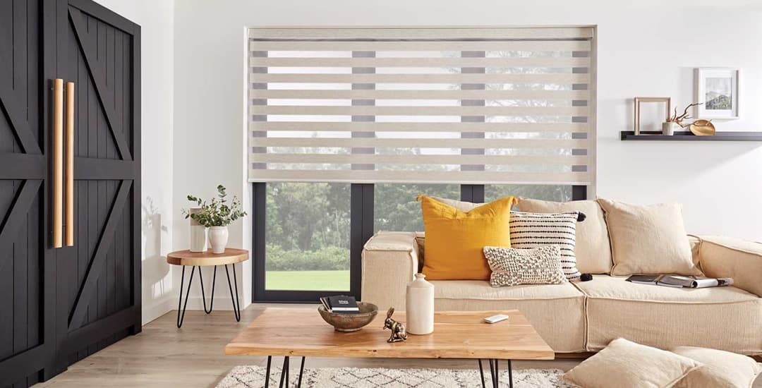 Beige day and night roller blinds in living room