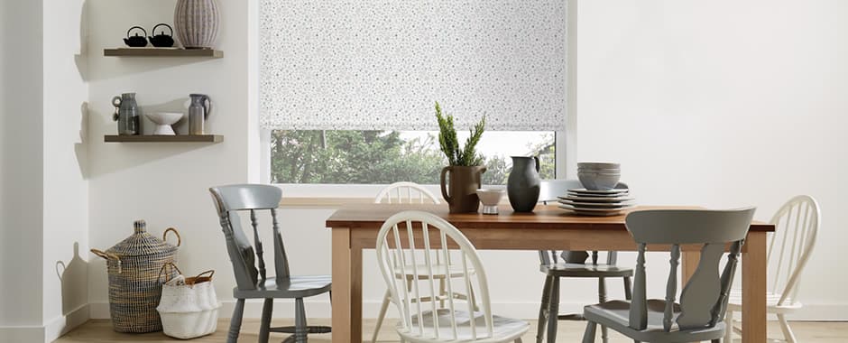 Cotton flowers patterned roller blinds in dining room