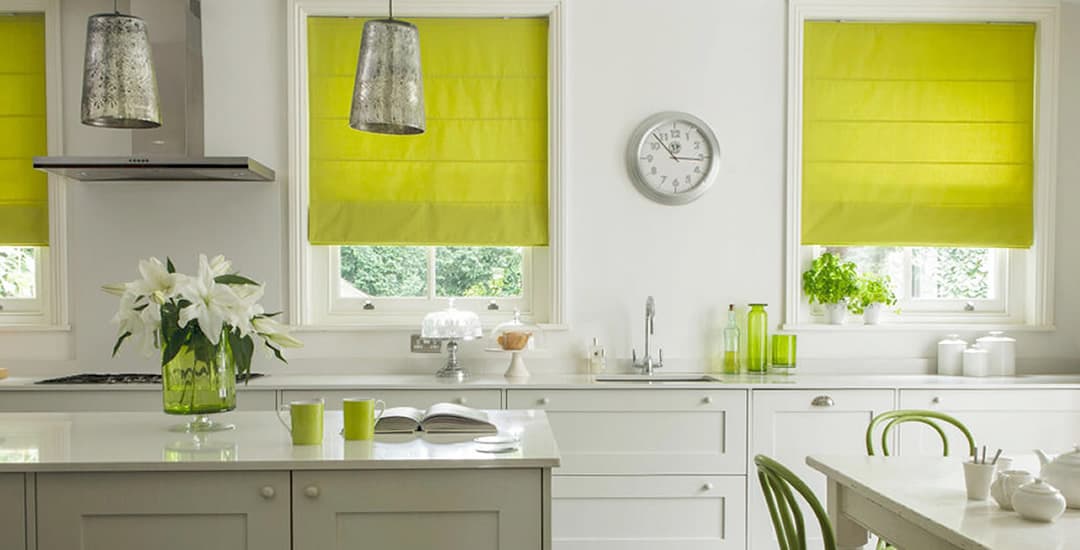 Lime green roman blinds in modern kitchen