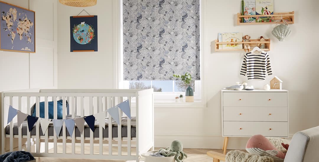 Mermaids patterned blackout roller blinds in nursery