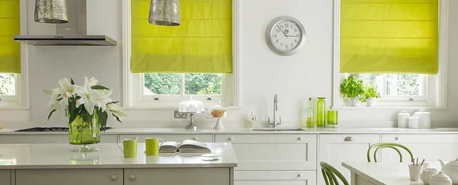 Lime green roman blinds in modern kitchen