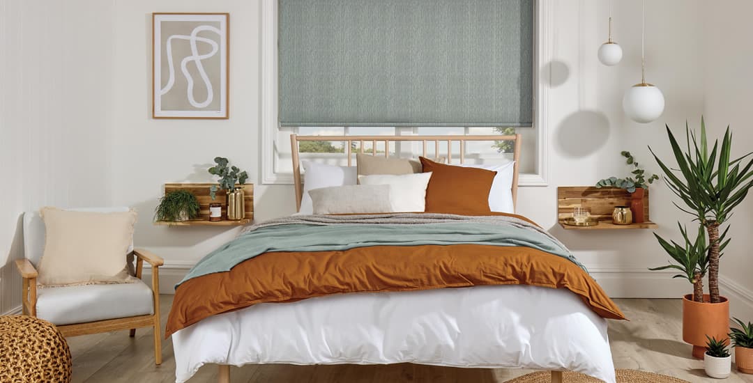 Luxury green textured blackout blinds in bedroom