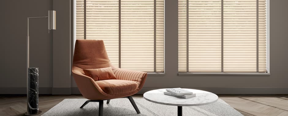 Luxury light wooden blinds with tapes in modern sitting room