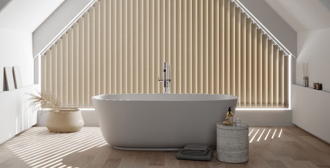 Sloping vertical blinds in sunny bathroom