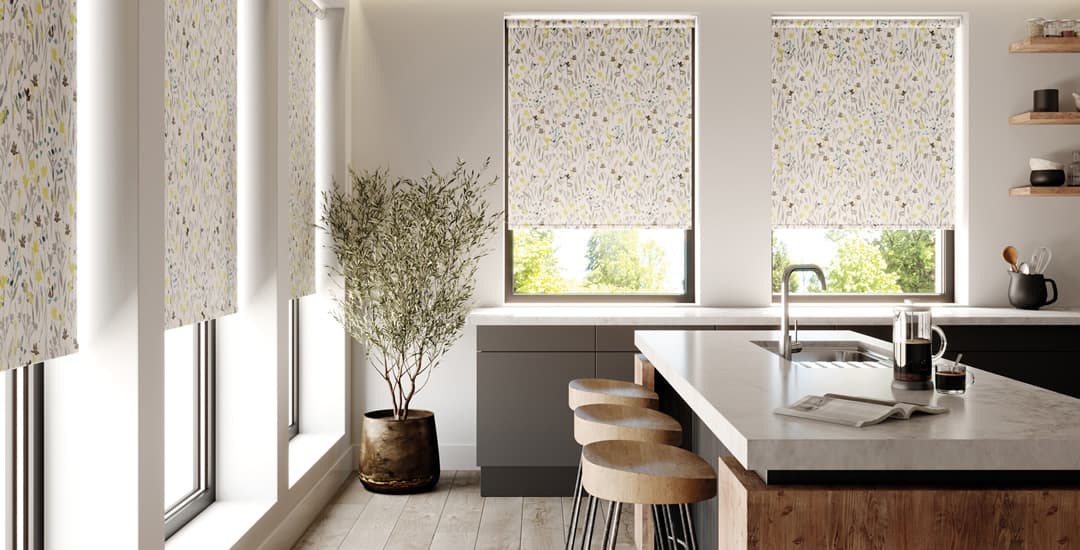Textured floral roller blinds in high end modern kitchen