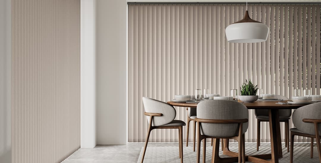 Thick textured beige vertical blinds in dining room