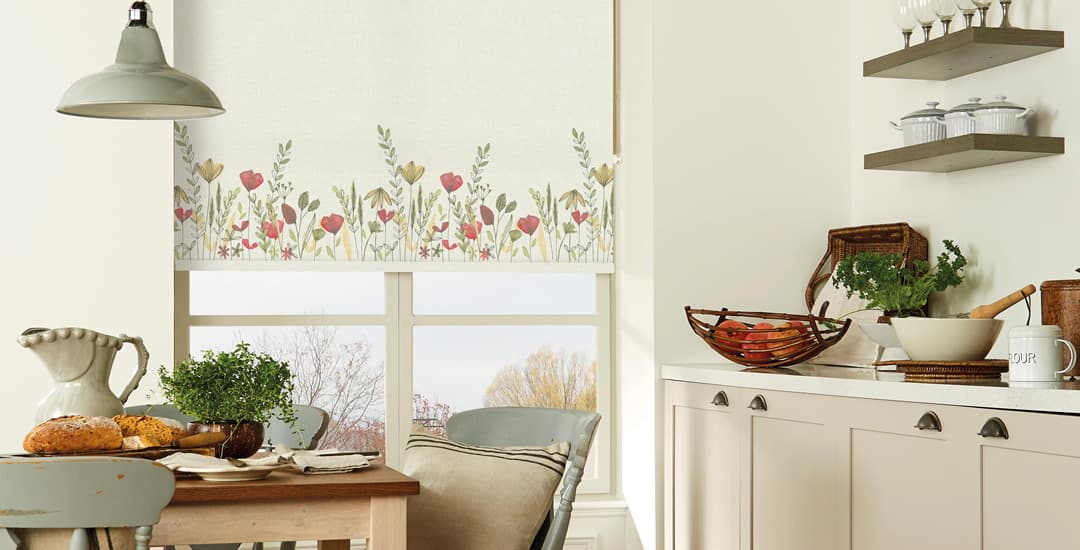 Wildflowers border patterned roller blinds in cream