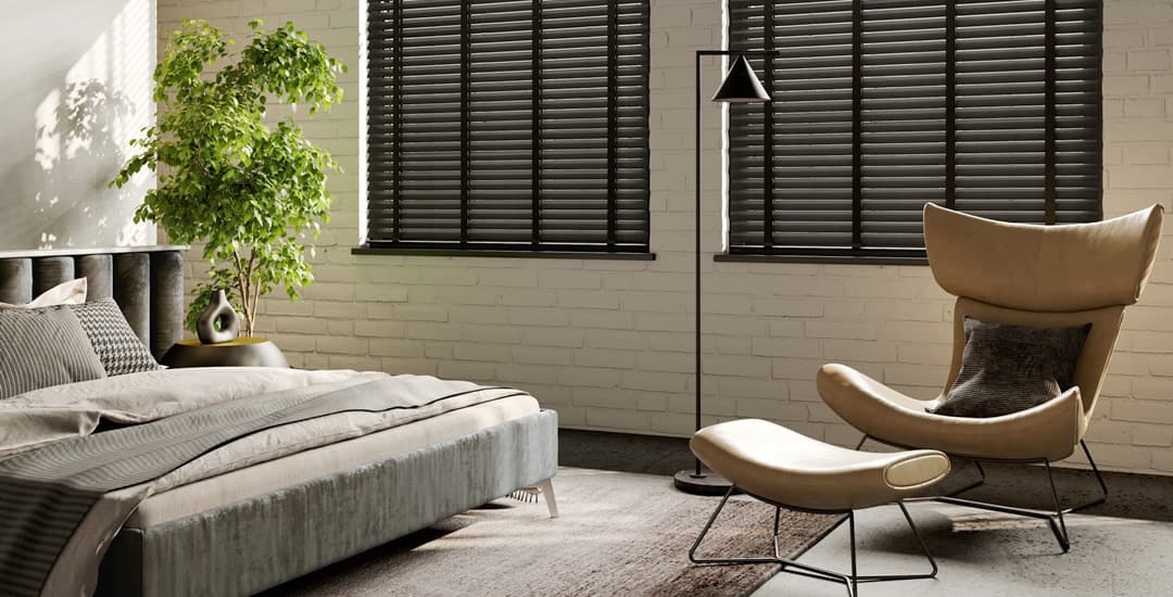 Luxury dark wooden blinds in bedroom