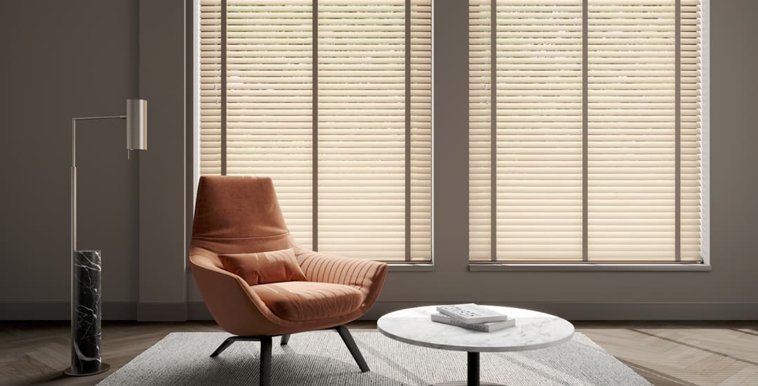 Luxury light wood blinds with tapes in contemporary sitting room
