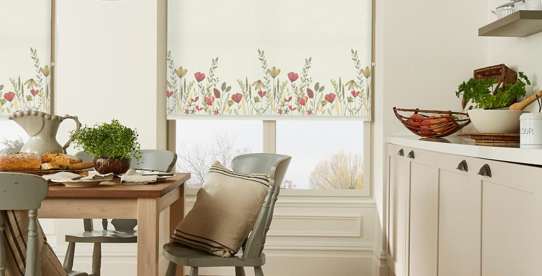 Wildflowers poppy patterned roller blinds in kitchen