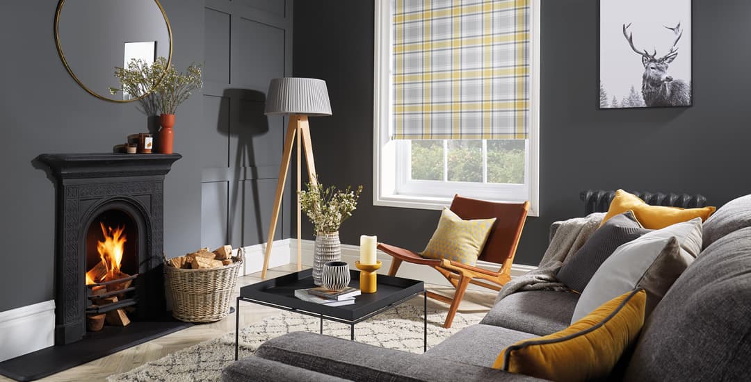 Yellow tartan blackout roller blinds dark grey living room