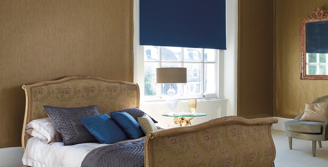 Blue thermal blackout blinds in luxury vintage bedroom