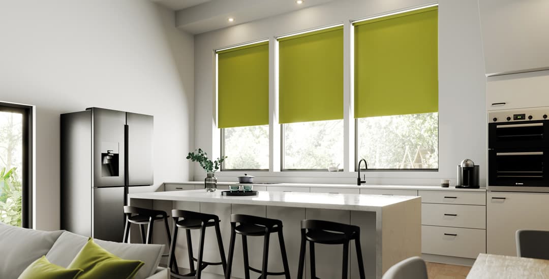 Lime green waterproof PVC roller blinds above sink in modern kitchen
