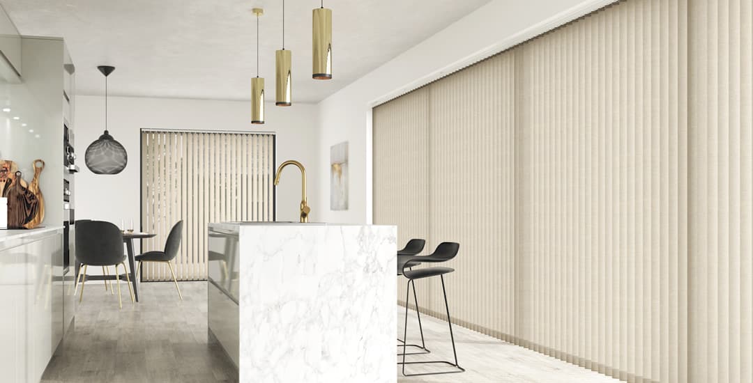 Modern kitchen with large PVC vertical blinds on patio