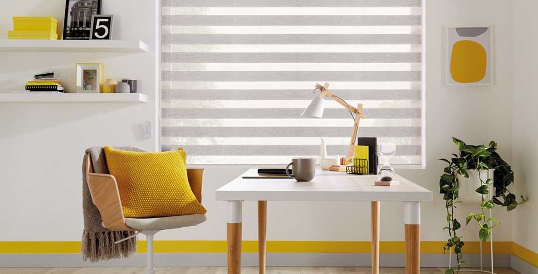 Beige day and night blinds in modern yellow and white home study