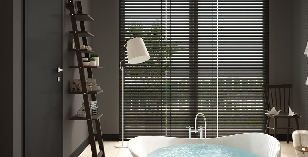 Brown Venetian blinds in dark brown bathroom