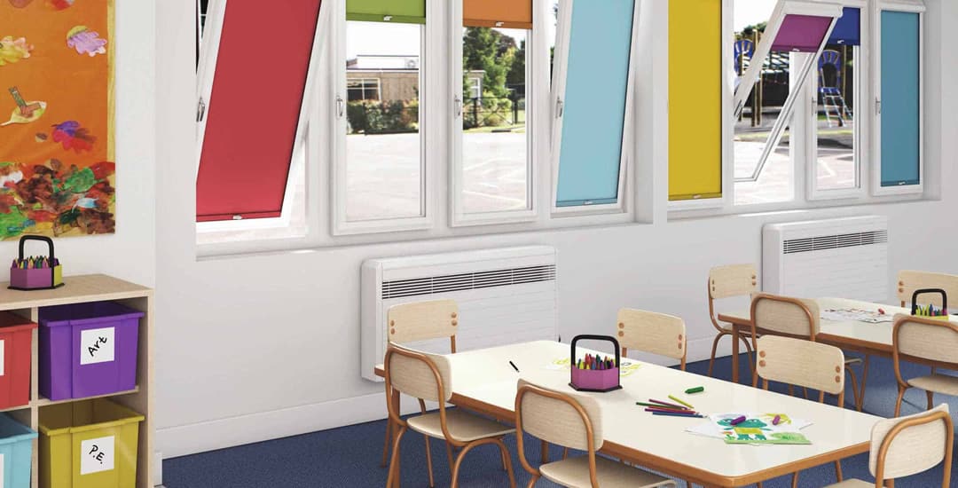 Colourful perfect fit roller blinds in school classroom