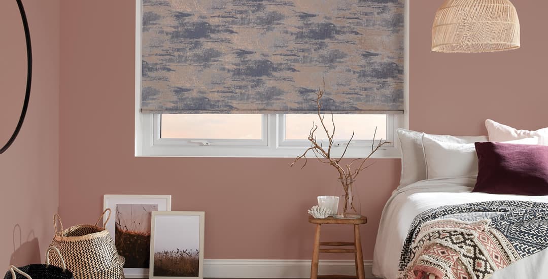 Luxury copper and blue textured blackout roller blinds in bedroom