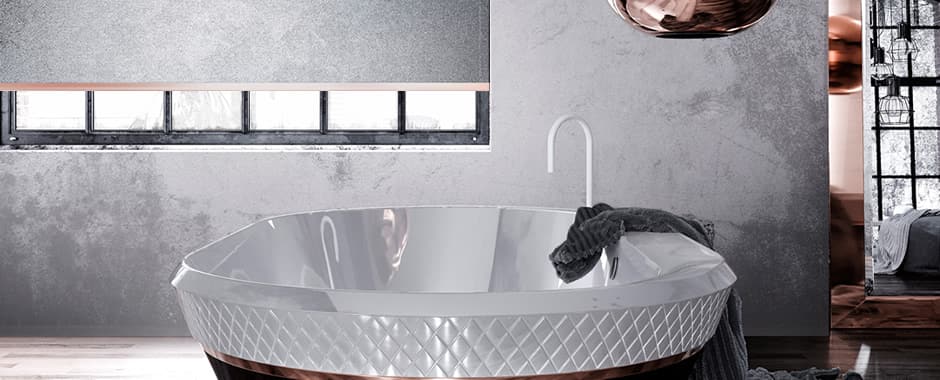 Metallic silver PVC waterproof roller blinds in luxury bathroom