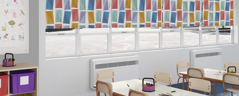 Times tables patterned blackout roller blinds in school classroom