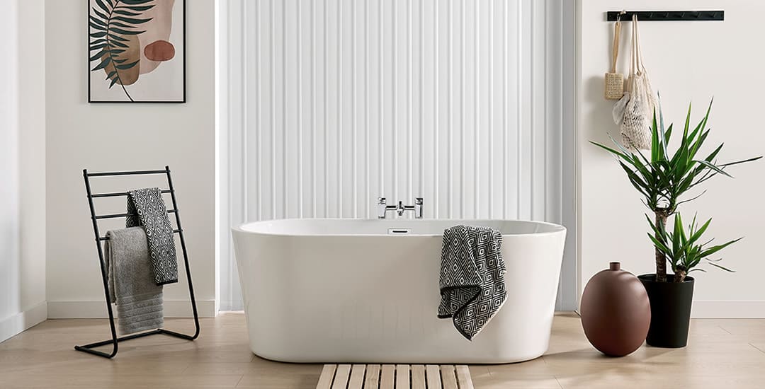 White blackout vertical blinds in a modern bathroom