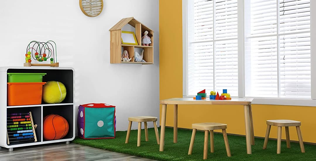 White faux wood blinds in a nursery classroom