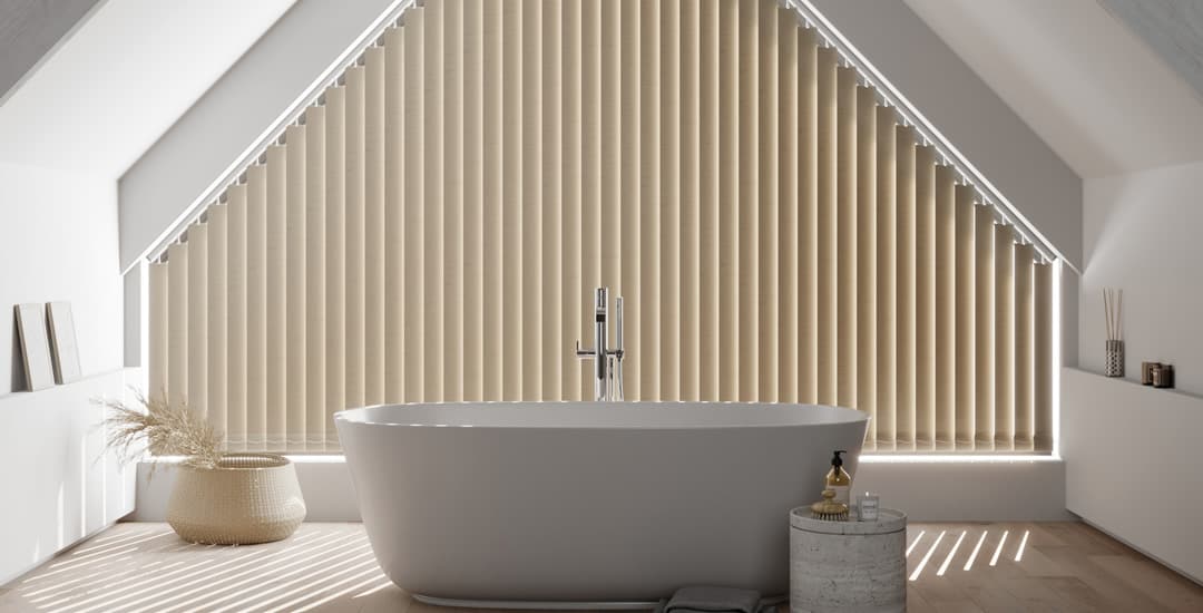 Beige vertical blinds in attic converted to bathroom