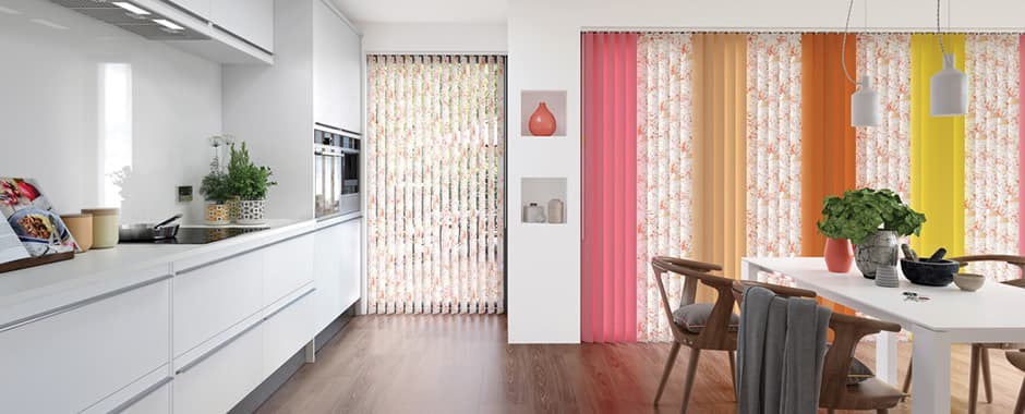 Colourful mixed vertical blind louvres in a large modern kitchen diner