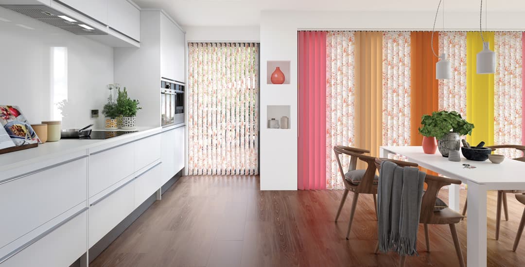 Colourful mixed vertical blind louvres in a large modern kitchen diner