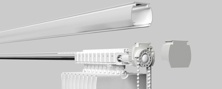 Exploded diagram of white vertical blind components and fabric