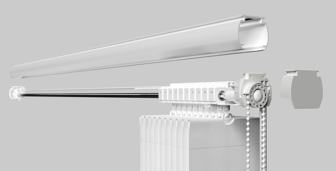 Exploded diagram of white vertical blind components and fabric