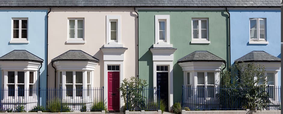 Row of colourful terrace houses on UK street