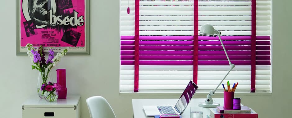 White wooden blinds with contrasting red ladder tapes
