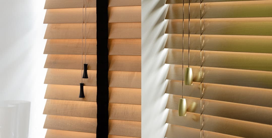 Wooden blinds with tapes and without tapes next to each other