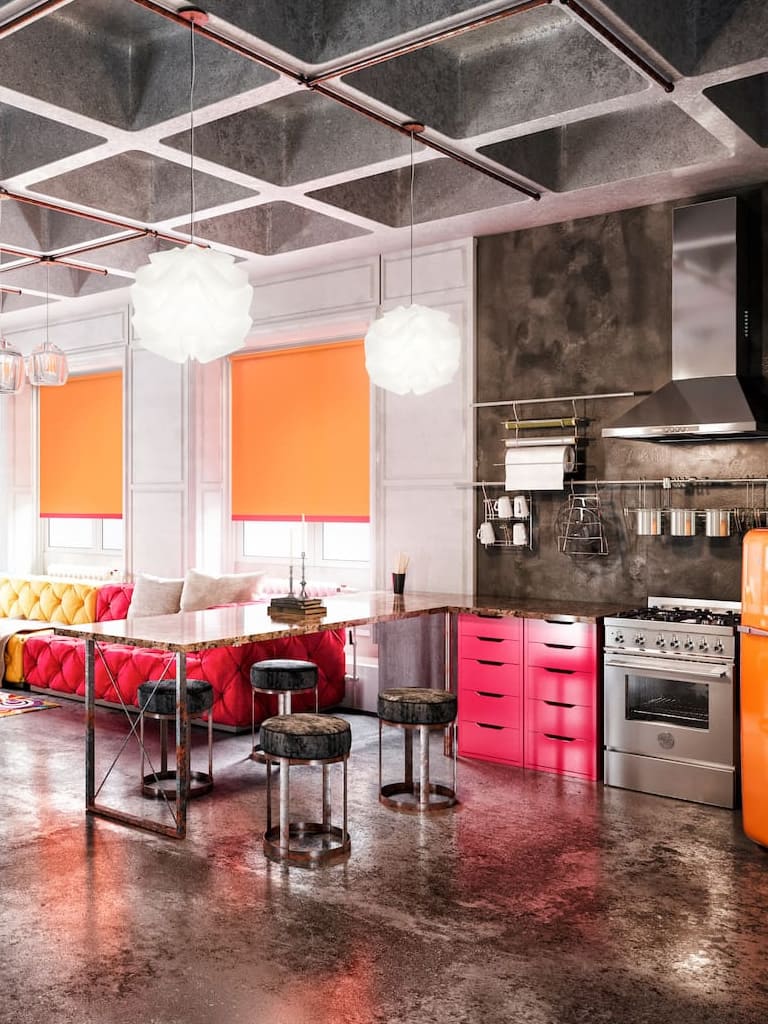 Crushed orange roller blinds in a colourful modern open-plan kitchen