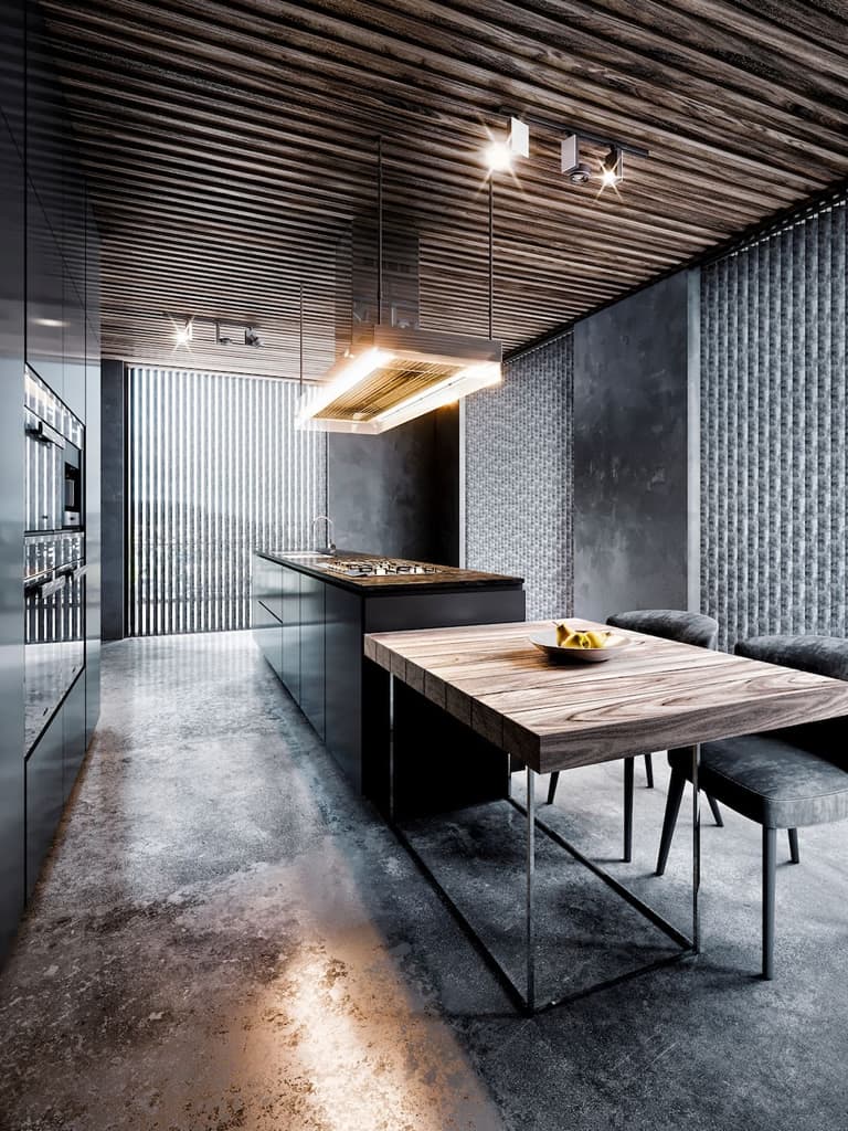 Grey patterned vertical blinds in a large ultra-modern kitchen