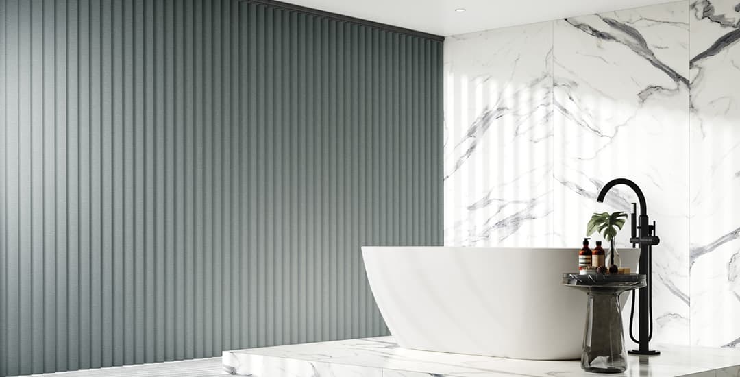 Grey PVC thermal fabric vertical blinds in large luxurious bathroom
